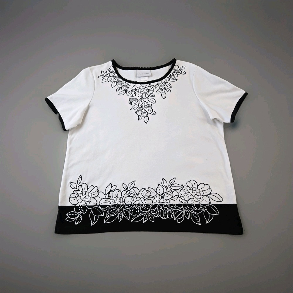 Alfred Dunner Women's Blouse Cotton Blend Embroidery Detail Black White Medium‎